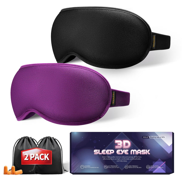 Weighted Sleep Mask 2 Pack - 3D Contoured Eye Masks for Sleep Best Blackout Sleep Masks for Women Men Eye Mask for Travel Meditation Airplane Memory Foam Adjustable Strap Black Purple