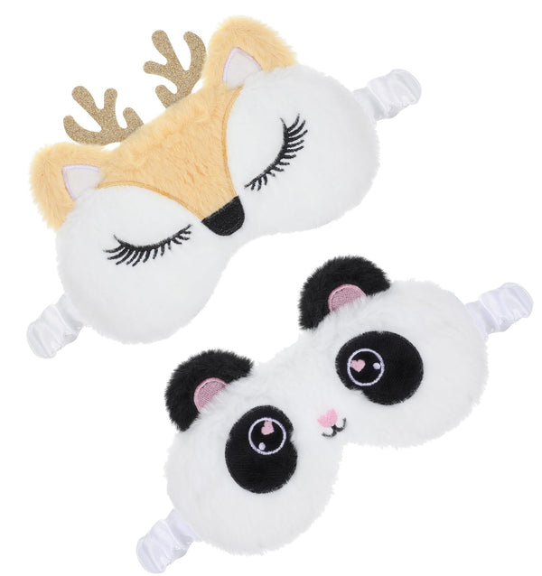 Girls Sleep Mask 2PCS Fluffy Eye Mask Cooling Eye Mask and Plush Sleep Mask for Girls and Women Cute Animal Design Soft Blindfold for Home Spa Office Travel